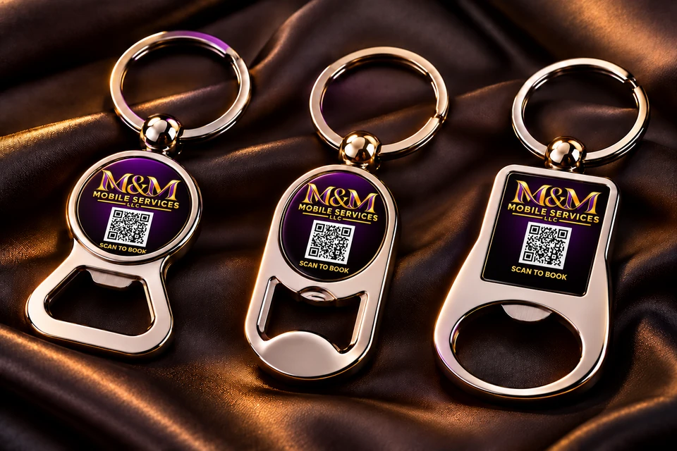 Three custom bottle-opener keychain styles, each with M&M branding and a Scan to book QR design