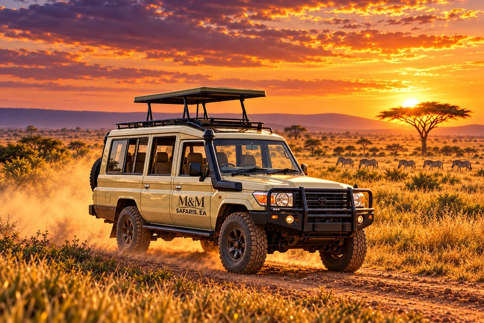 M&M Safaris. EA concept artwork of a beige safari vehicle in a golden savanna landscape