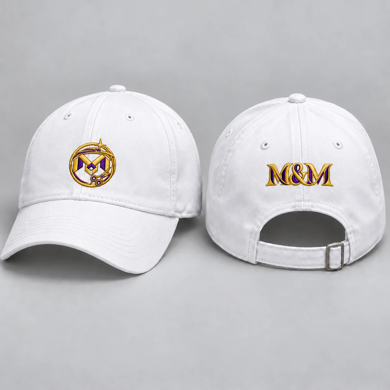 White baseball cap with a compact gold-and-purple circular emblem embroidered on the front and M&M lettering above the back opening